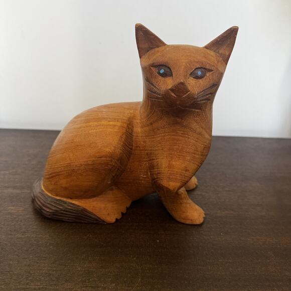 Vintage Hand Carved Wood MCM Cat Statue Figurine Boho Rustic Mid Century Modern - Picture 1 of 16